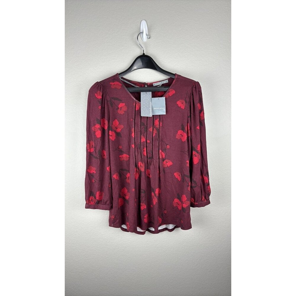 Daniel Rainn - Medium - Maroon Blouse, Red Floral, Pleated Front, 3/4 Sleeves